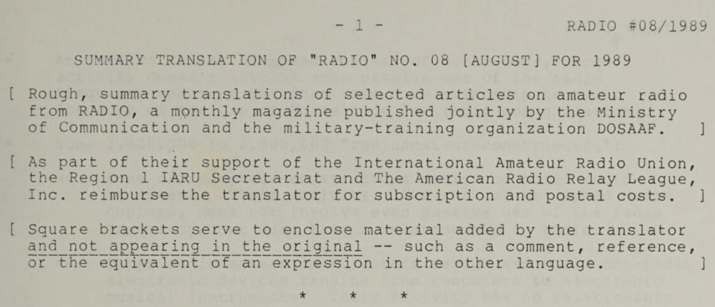 portion of SUMMARY TRANSLATION OF "RADIO" AUGUST 1989