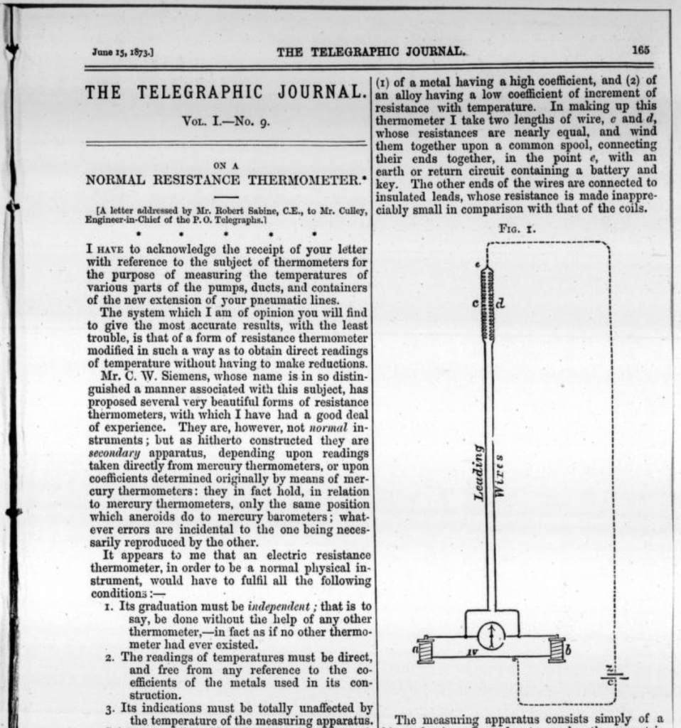 Cover of an 1973 edition of The Telegraphic Journal and Electrical Review features a prominent letter about NORMAL RESISTANCE THERMOMETER.